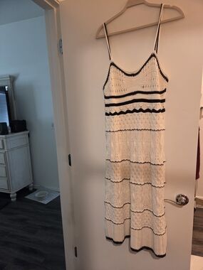 Nicole Miller Cream Crochet Midi Dress with Black Trim